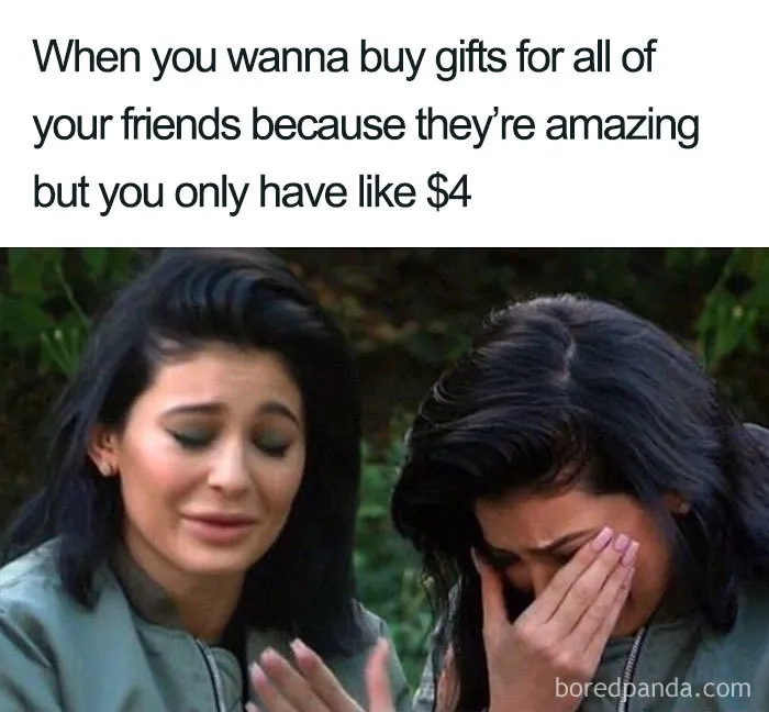 Two women looking distressed over Christmas shopping budget in a funny meme format.