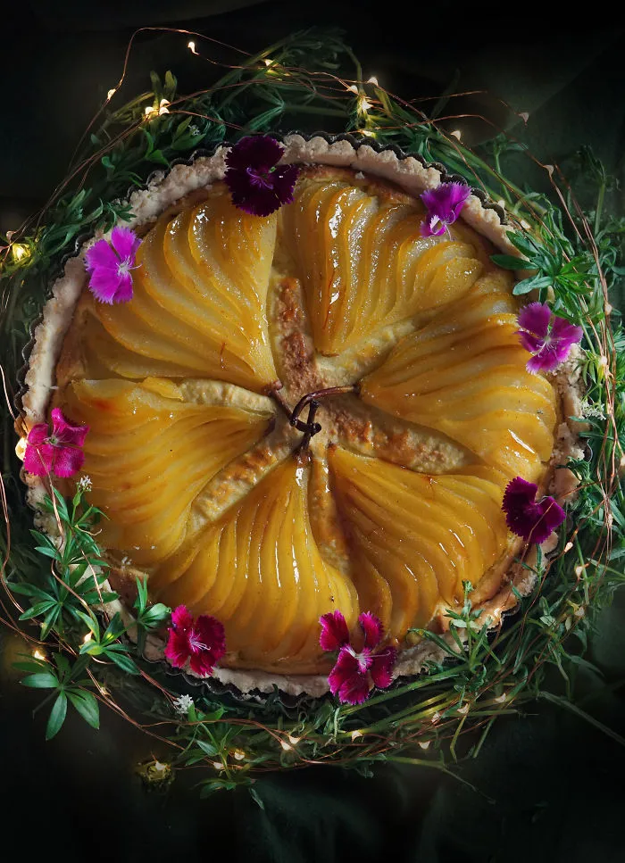 May Wine And Saffron Pear Frangipane Tart