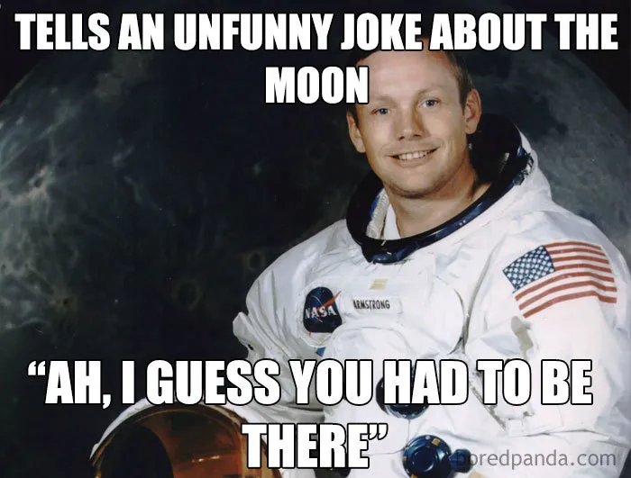 Astronaut smiling in space suit with a humorous caption about the moon, highlighting space memes.