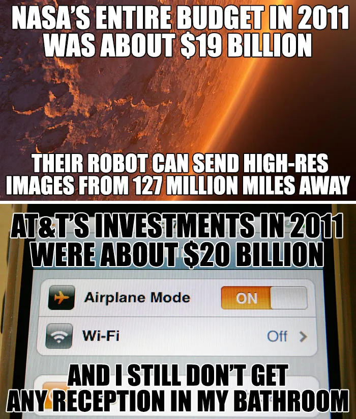 Space meme comparing NASA budget and tech to AT&T investments and reception issues.
