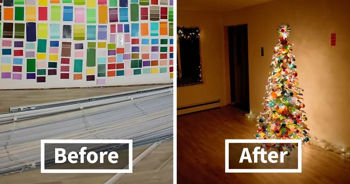 We Made An Unconventional Christmas Tree From A Stack Of Paint Samples And Some Old Blinds