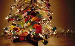 We Made An Unconventional Christmas Tree From A Stack Of Paint Samples And Some Old Blinds