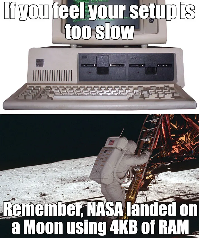 Vintage computer and astronaut meme highlighting historical space tech humor.
