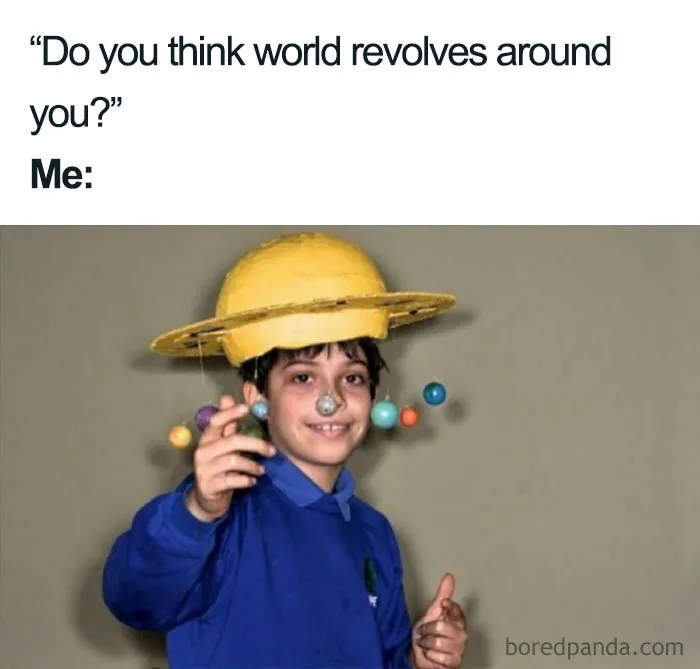Child in a solar system costume, portraying a humorous space meme.