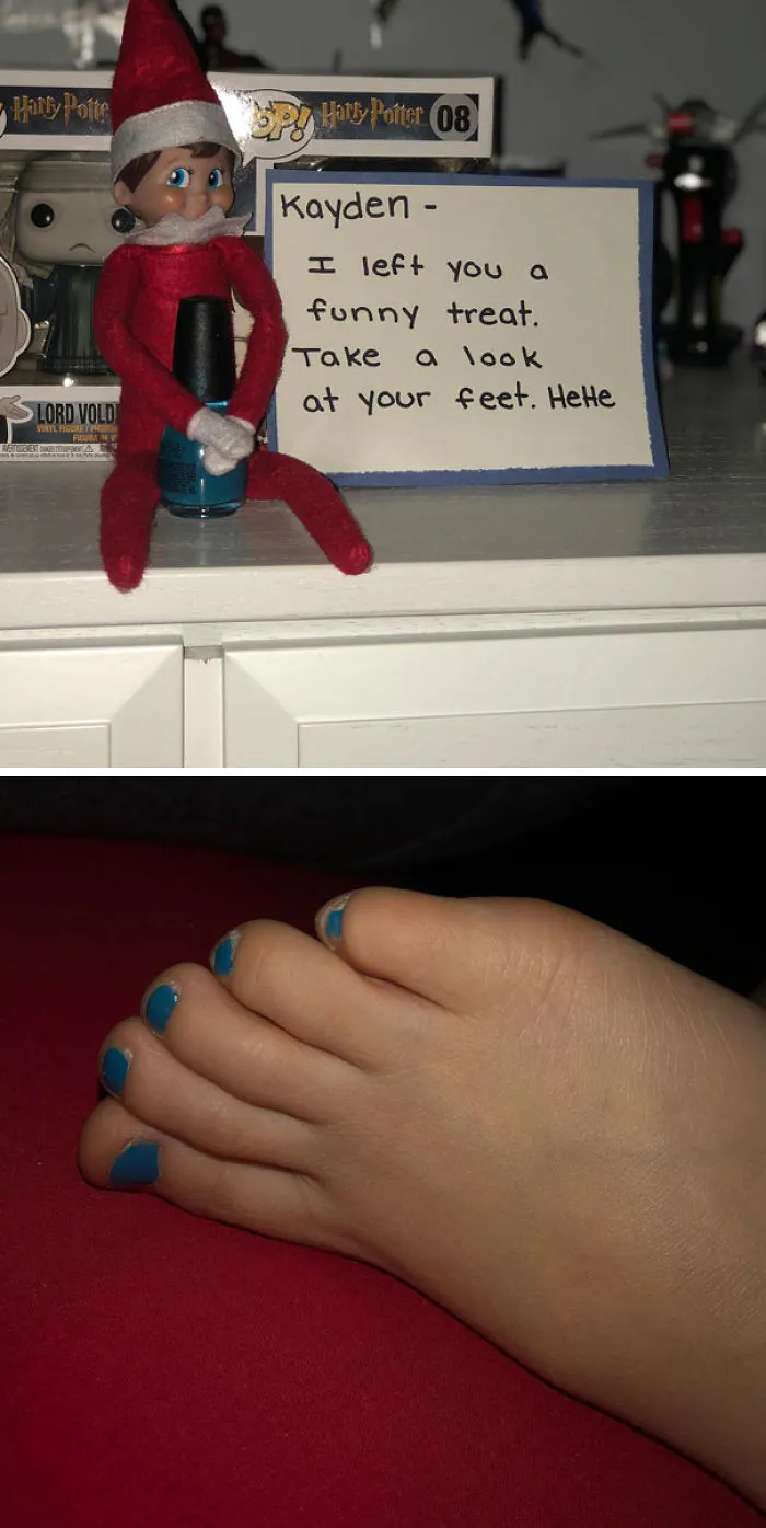 Elf On The Shelf holding blue nail polish with a note and painted blue toenails as a fun mischievous idea.
