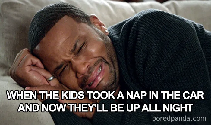 Man crying humorously, captioned about kids napping in the car, representing funny mom memes.