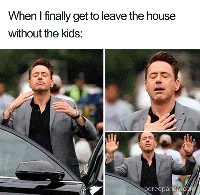 Man in a suit looking relieved, referencing humorous mom meme about leaving the house without kids.