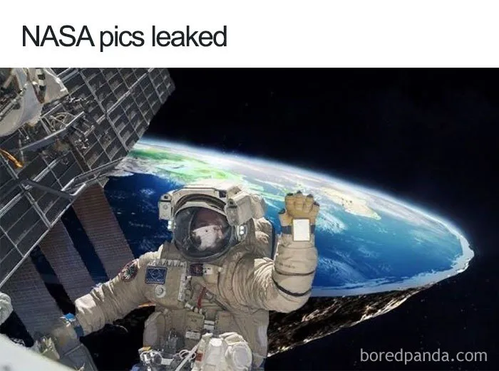Astronaut in space suit with flat Earth background, part of funny space memes.
