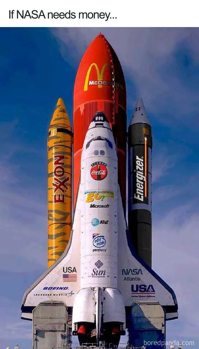 Space meme showing a NASA shuttle with logos of popular brands on its rockets.