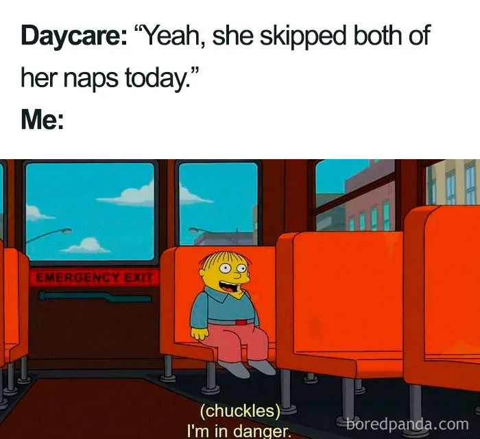 Cartoon character on a bus, reacting humorously to daycare news, illustrating funny mom meme humor.