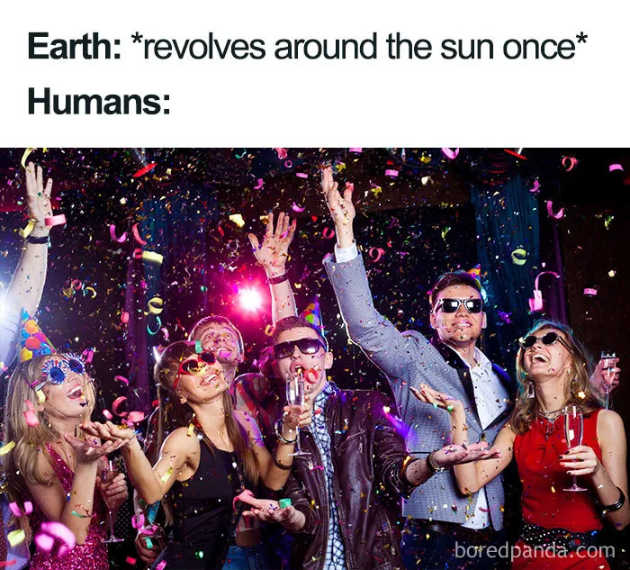 People celebrating with confetti and drinks in a space meme about Earth's orbit.