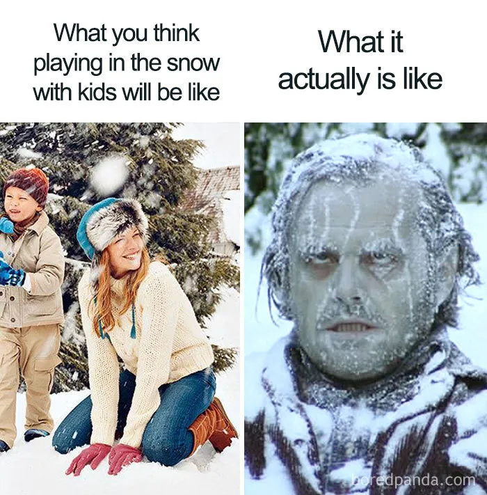 Mom meme comparing snow play expectations versus reality, featuring a happy mom and child next to a frozen man.