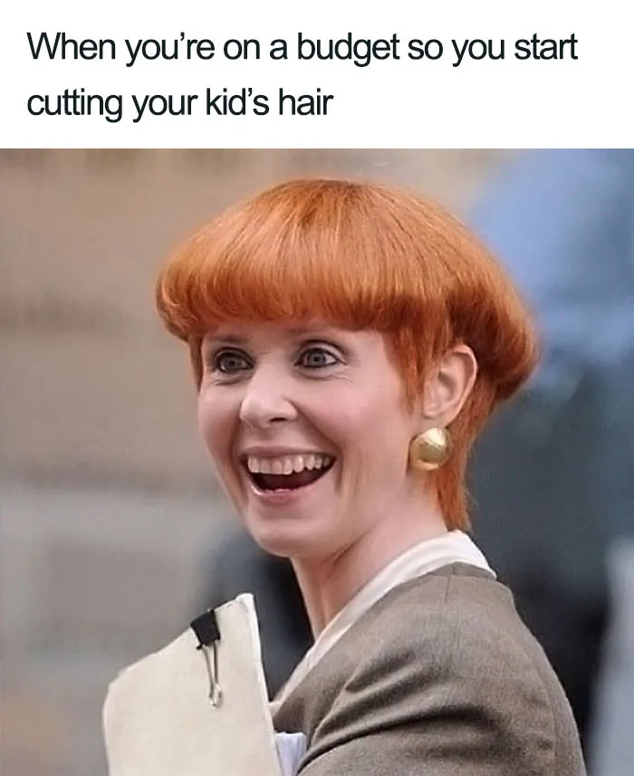 A funny mom meme showing a woman with a homemade haircut and a humorous caption about budgeting.