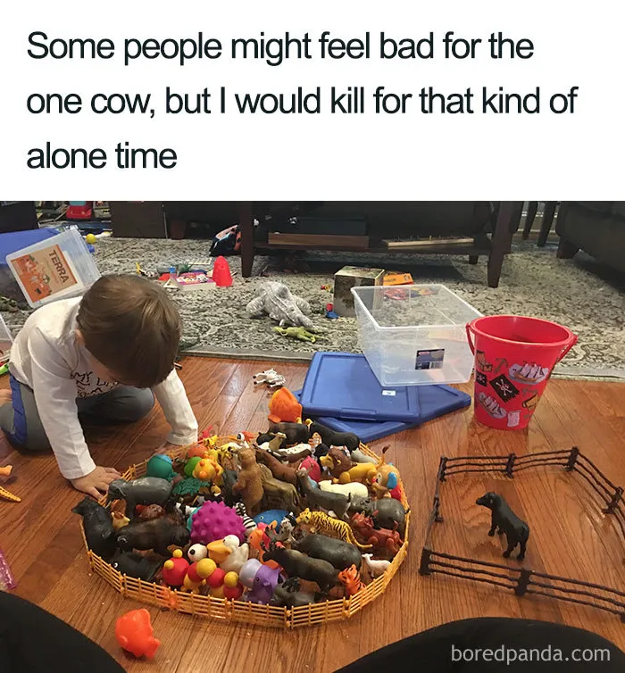 Child playing with toys indoors, featuring a humorous mom meme about alone time and parenting challenges.