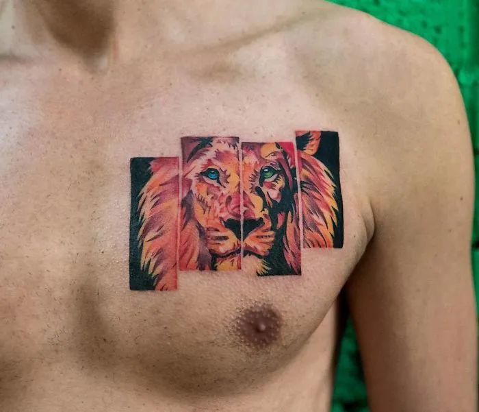 Lion tattoo design on chest, perfect for ink lovers seeking bold and artistic ideas.