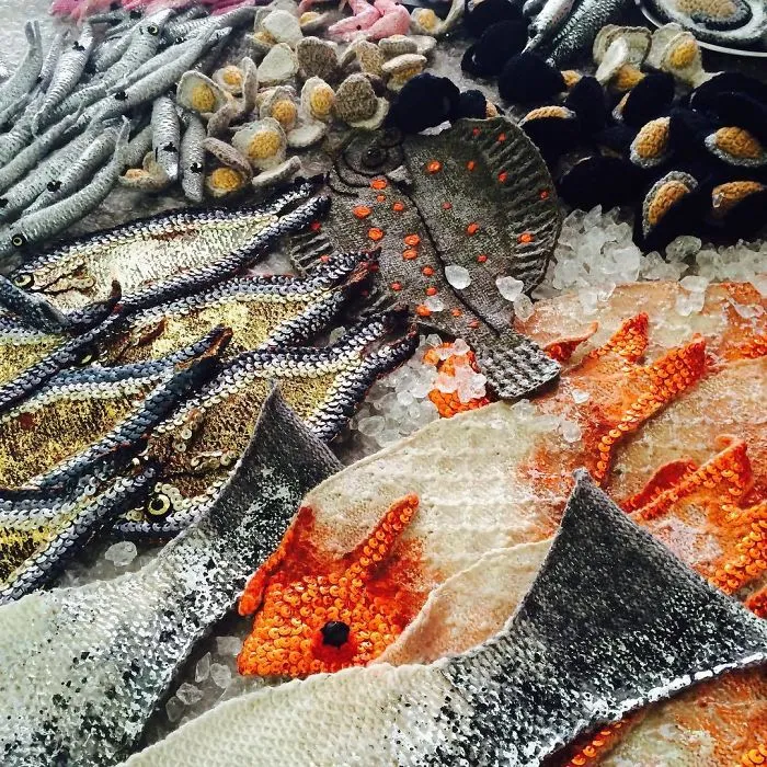 Assorted Knitted And Crocheted Seafood For Breakfast.