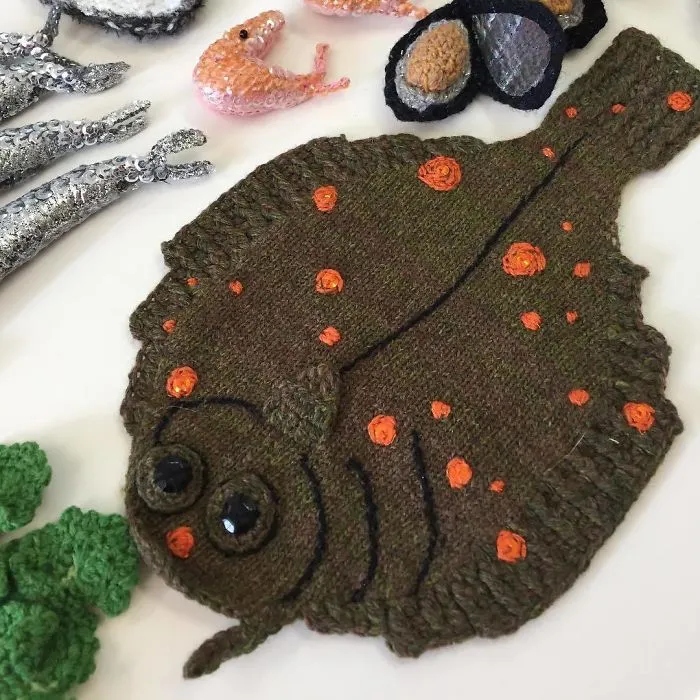 Seafood Breakfast #katejenkinsstudio #knittedseafood #britishartist #fishyfriday#partofalargecommission#yourplaiceormine