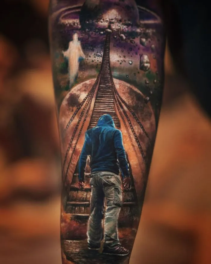 Fantasy tattoo design with a hooded figure ascending a mystical staircase.