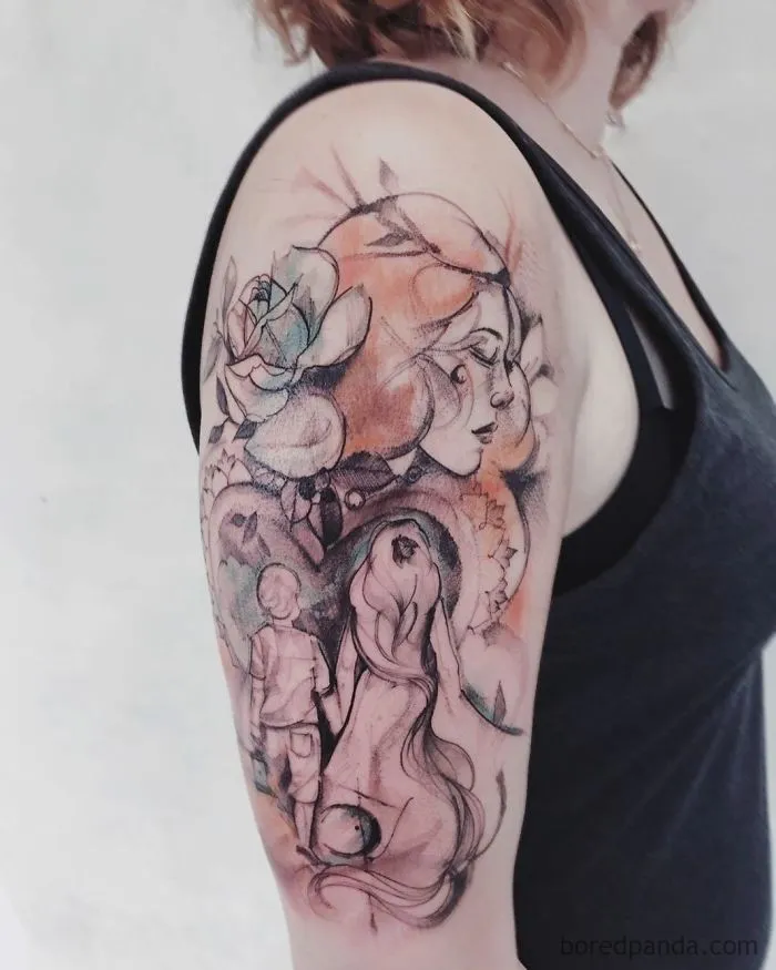 Arm tattoo featuring abstract art with floral and figure elements, perfect for every ink lover.