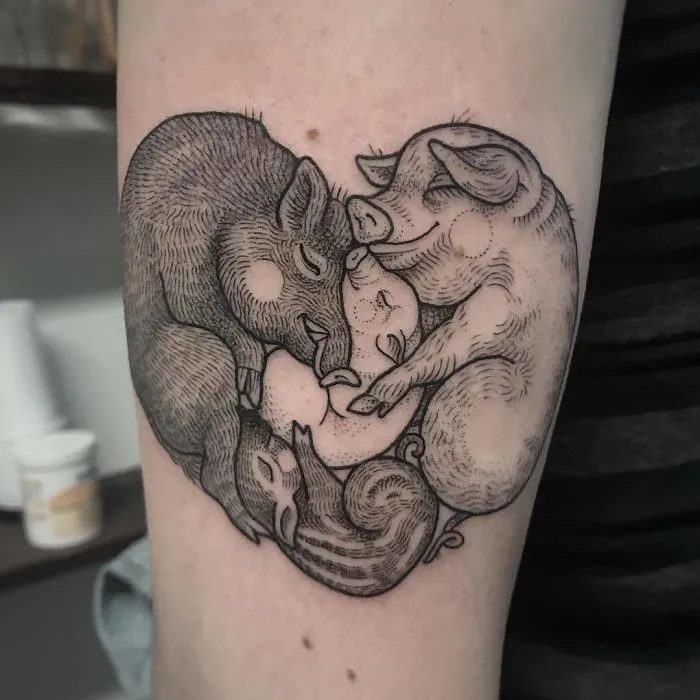 Animal tattoo design featuring a charming pig family in a yin-yang layout, perfect tattoo inspiration for ink lovers.