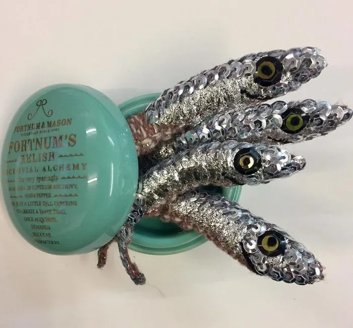 Fresh From Fortnum's Anchovial Alchemy #katejenkinsstudio #fortnumandmason #fishyfriday #knittedanchovies#anchovialalchemy