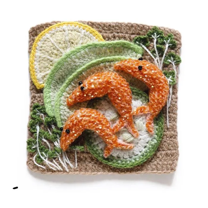 Sequined Prawns, Avocado, Sliced Cucumber, Crocheted Cress With Lemon Garnish On Wholemeal Toast. #crochetedart #katejenkinsstudio#fibreart #part Of A Large Commission