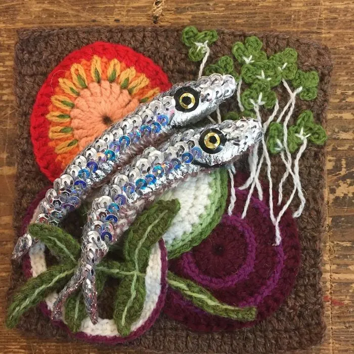 Anchovies, Sliced Tomato, Cucumber, Beetroot, Red Onion, Rocket, Crocheted Cress On Rye. #fibreart #katejenkinsstudio #partofalargecommission