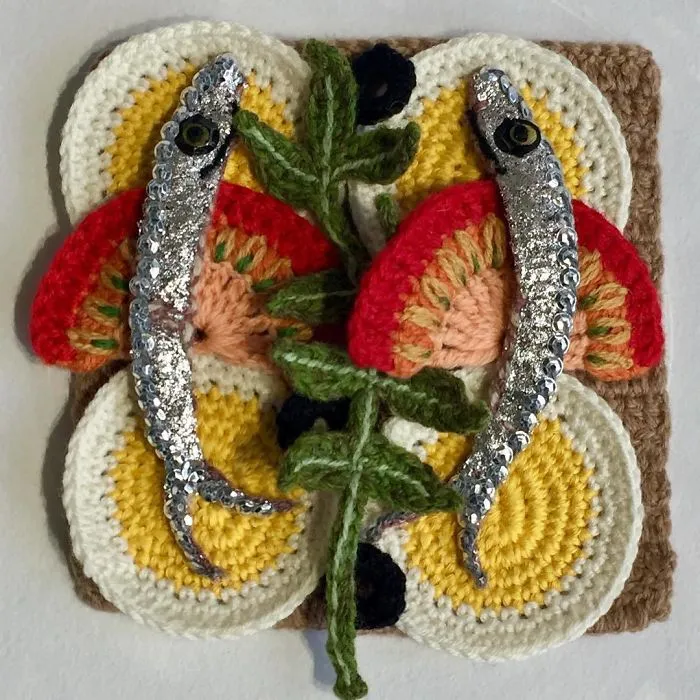 Crocheted Egg & Knitted Anchovy Supper #katejenkinsstudio #crochetedart #fibreart #fibreartist #allinwool#partofalargecommission