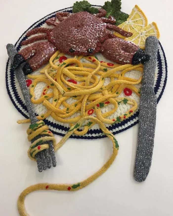 Crab And Chilli Linguini For Breakfast #katejenkinsstudio #fibreart #crochetedart #partofalargecommission