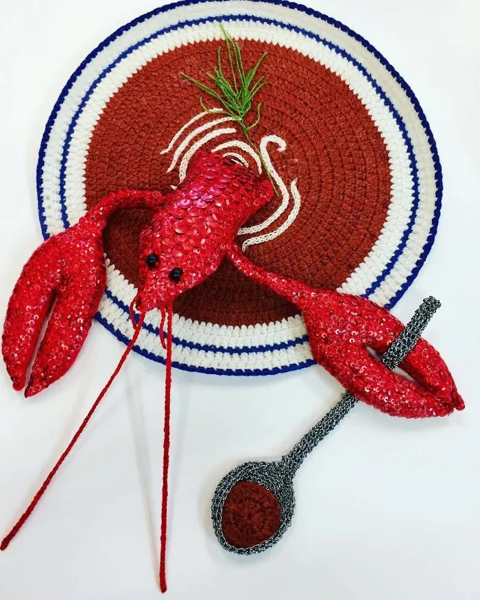 Sequinned Lobster Bisque With Hand Embroidered Cream And Dill Garnish #katejenkinsstudio #partofalargecommission #fibreart