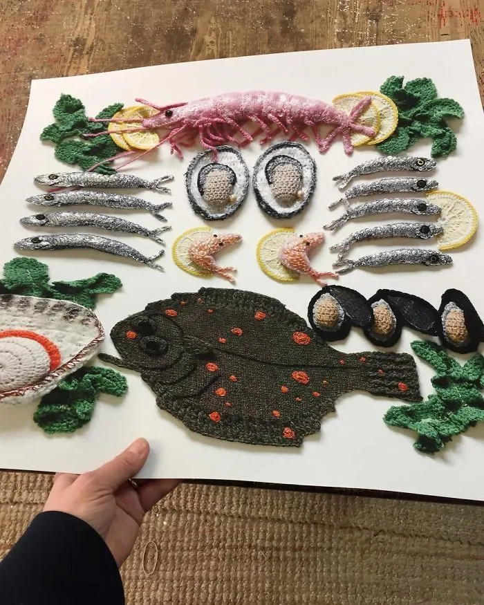 This Lovely Print Of The 'Hand Sewn Seafood' Giclée Has Just Landed In My Studio. It's Printed On 310 Gsm Hahnemüle German Etching. Signed Edition Of 25 Measuring 60cm X 60cm £165.00 Unframed. Link In My Bio If You Would Like To Buy One. They're Under The Prints Section On My Website. #katejenkinsstudio #britishartist #shipworlwide#getintouchifyouwantone#knittedseafood
