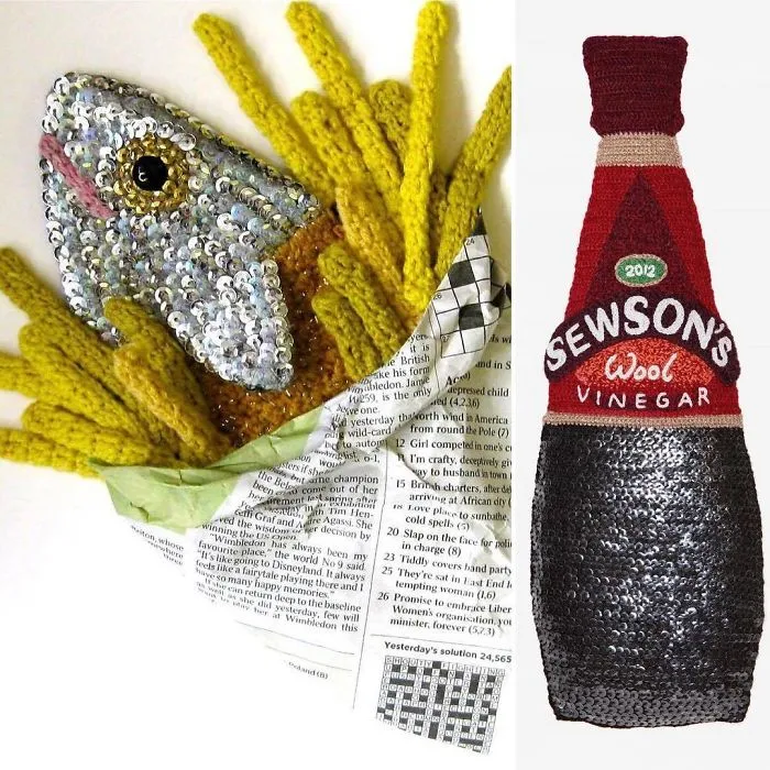 Celebrating Friday With A Dose Of Fish And Chips Seeing As It Is National Fish And Chip Day #katejenkinsstudio#britishartist #crochetedart #nationalfishandchipday #fishyfriday #ohidolovetobebesidetheseaside