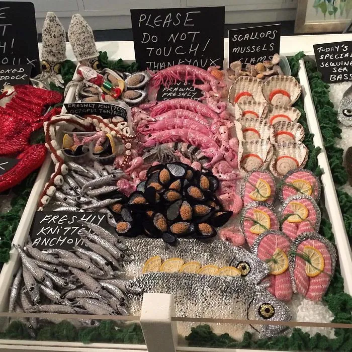 Seeing As It’s Seafood Week I Thought I’d Share This Image Of The Fish Counter I Created A While Ago At Alexander Palace. #katejenkinsstudio #britishartist #seafoodweek2018 #knittedandcrochetedfishcounter