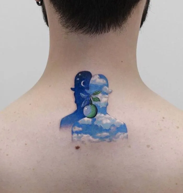 Tattoo of two silhouettes with sky and clouds design on neck.