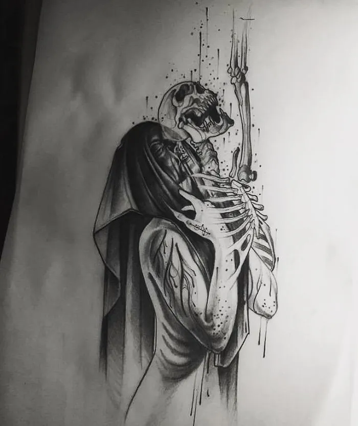 Skeleton tattoo design with intricate shading and cloak, perfect for ink lovers seeking unique body art ideas.