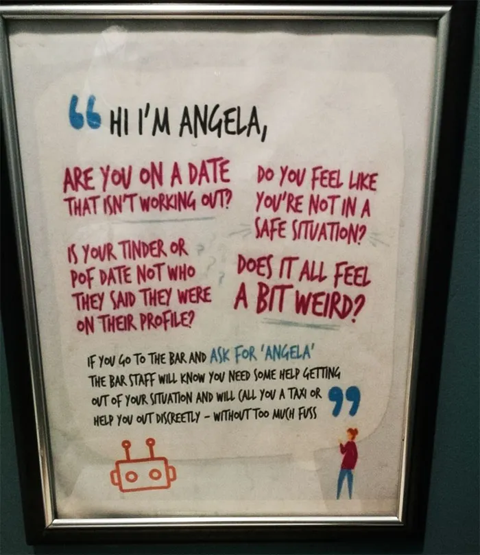 A Sign In The Women’s Bathroom For Those Who Feel Unsafe On A Date
