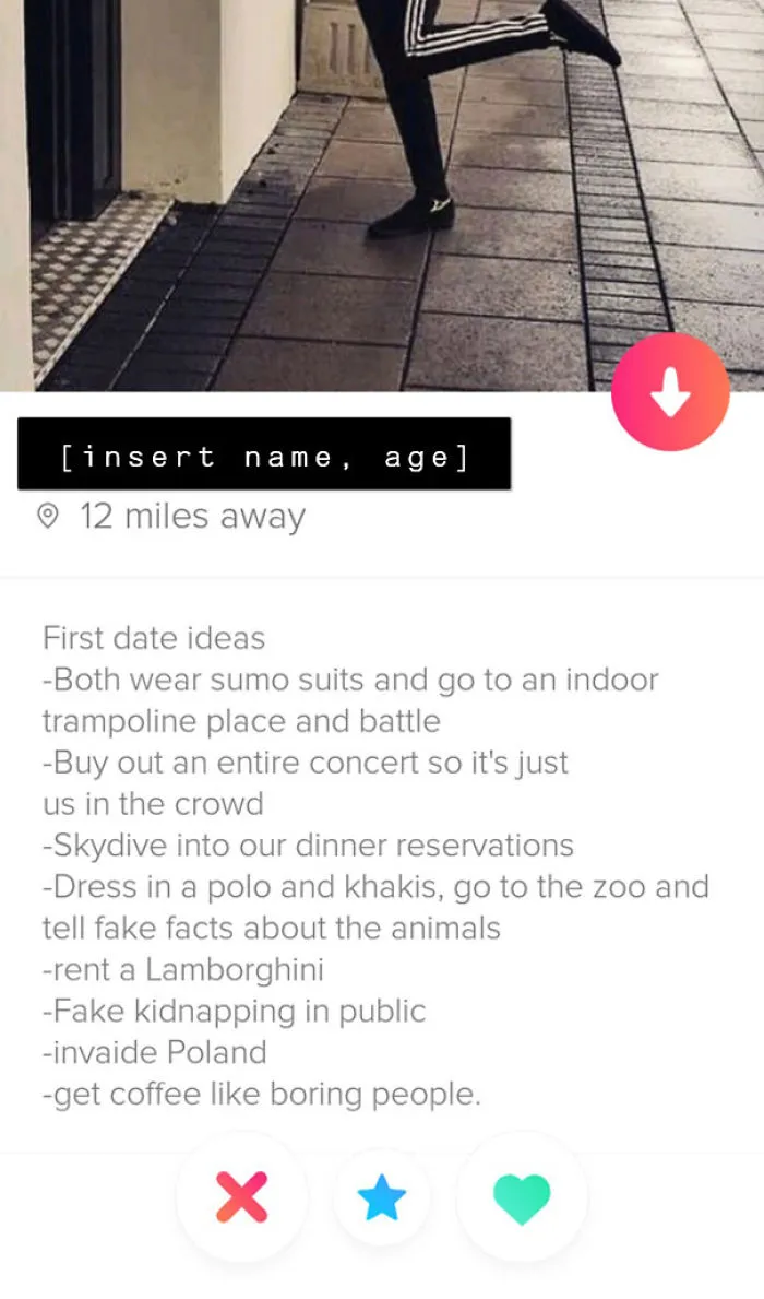 Tinder profile with funny first date ideas including sumo suits, trampoline battles, and fake animal facts.