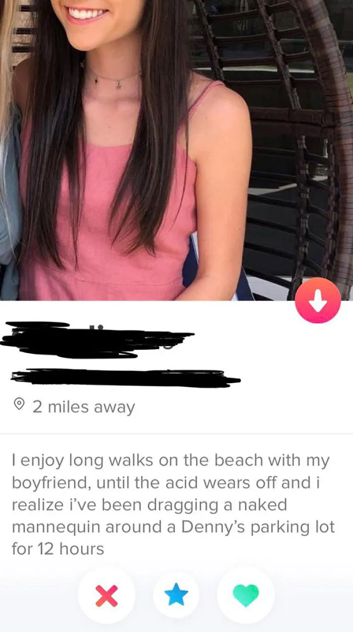 Young woman in a pink top sharing a funny Tinder profile bio about dragging a mannequin in a Denny’s parking lot.