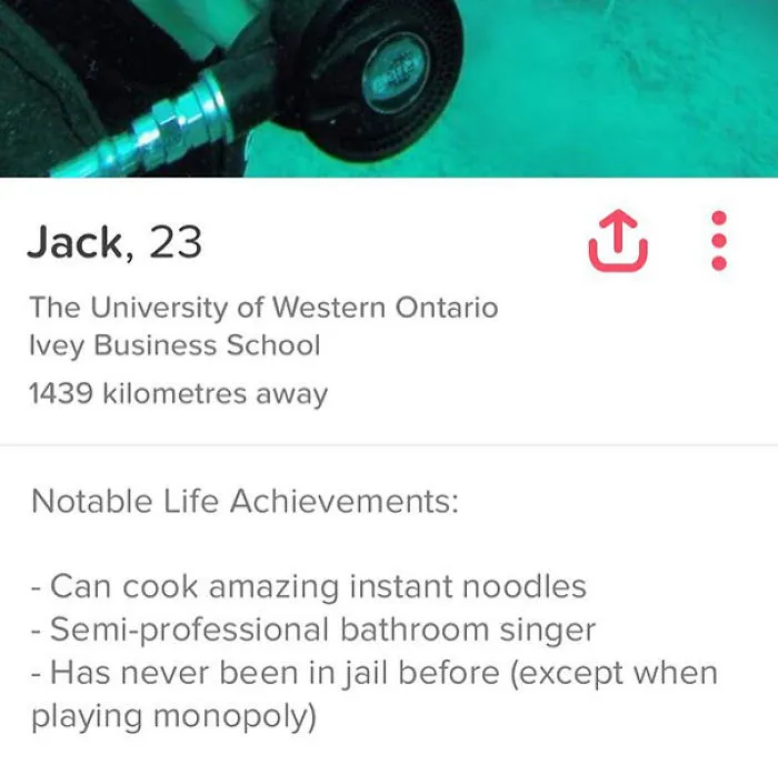Tinder profile of Jack, 23, listing funny notable life achievements including cooking instant noodles and monopoly jail humor.