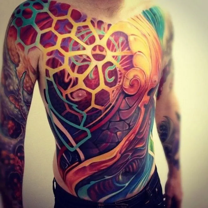 Colorful abstract chest tattoo design for ink lover.