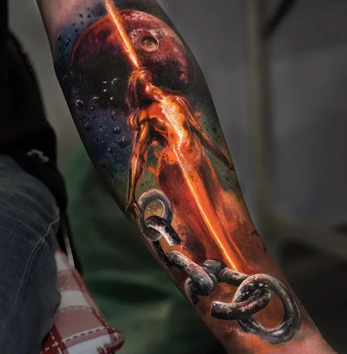 Arm tattoo depicting a cosmic figure with chains and planets, ideal for every ink lover.