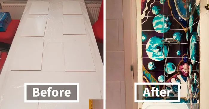 I Created A “Galaxy Shower” By Painting My Plain Bathroom Tiles