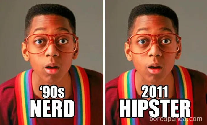 '90s fashion disaster meme with nerd and hipster styles showcased humorously.