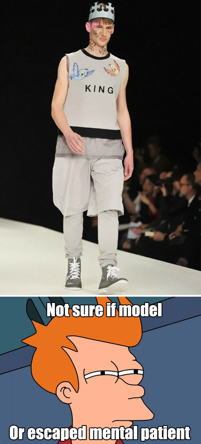 Model wearing unusual outfit with crown, paired with a meme questioning fashion disasters humorously.