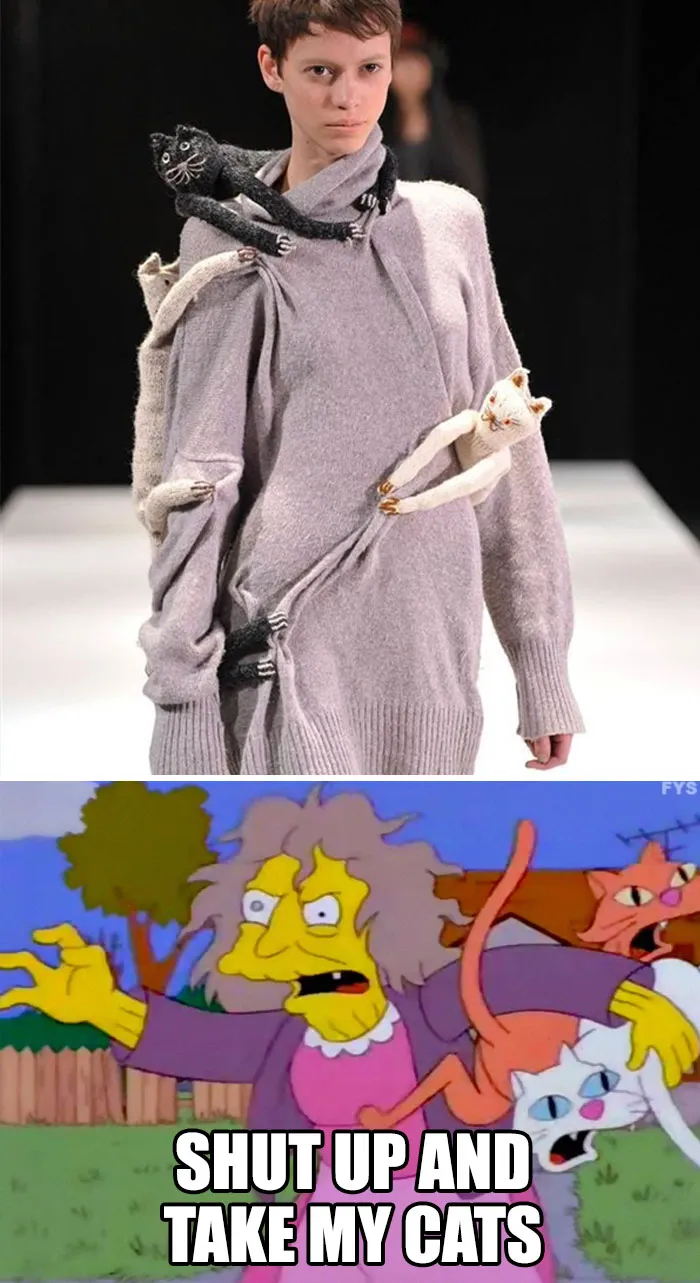 Model wearing a sweater with cat designs, below a meme of a woman holding cats, captioned "Shut up and take my cats." Fashion disasters.