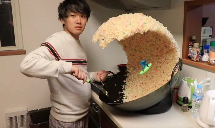 Someone Posts A Photo With A Guy Next To A Giant Rice Wave, People Immediately Start To Photoshop It