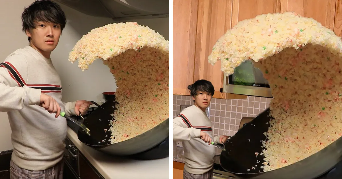 Alguien publica la foto de un chico junto a una ola gigante de arroz y la gente empieza a photoshopearlo de inmediato