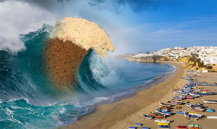 Alguien publica la foto de un chico junto a una ola gigante de arroz y la gente empieza a photoshopearlo de inmediato