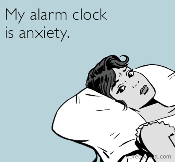 Woman lying awake in bed with text about anxiety as an alarm clock, a funny sleeping meme concept.