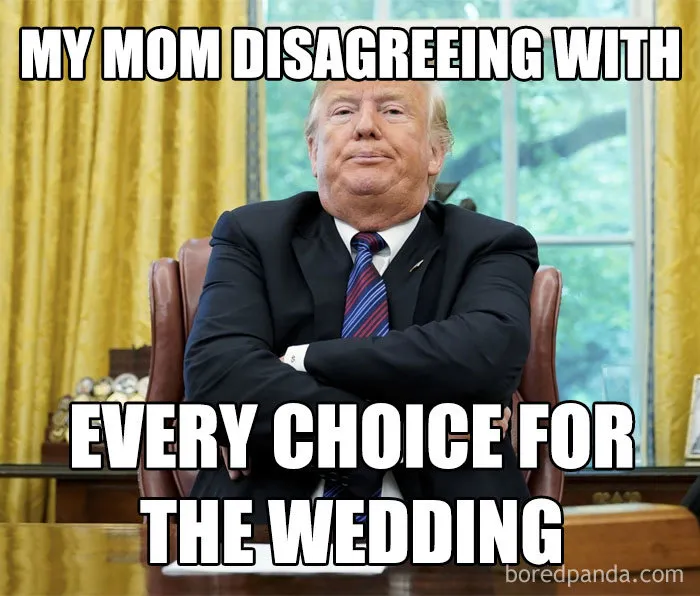 Person with arms crossed and text about wedding choices, humorously expressing disagreement.